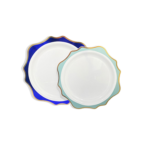 6.2＂/ 7.5＂/ 9＂/10.25＂ Plastic Plate with Gold Flower Edge Western Steak Dessert Dish Blue and Gold Pink Irregular Shape Plastic Plates