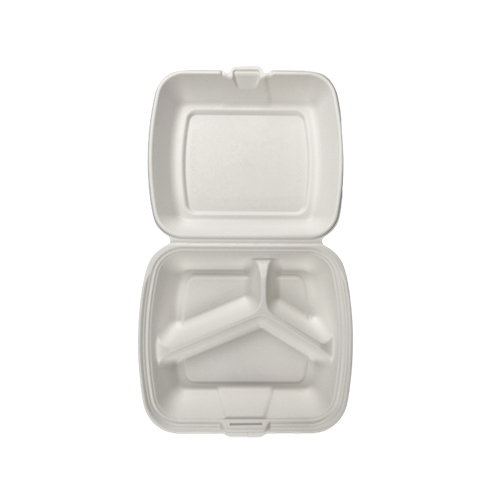 9*8'' 3-com Clamshell Packaging 3 Compartment Compostable Sugarcane Molded Fiber Clamshell Food Container