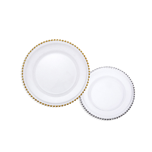 7.5＂/ 10.25 White Gold Beaded Rim Pearl Clear Plastic Charger Plates with Gold Beads Wedding Plastic Gold Charger Plate