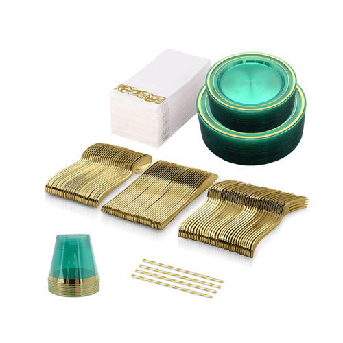 New Style Mint Green Elegant Picnic Set Disposible Plastic Plates Gold Set for Wedding Restaurant 